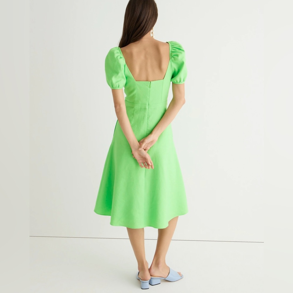 Puff-sleeve V-neck midi dress in stretch linen blend - Picture 2 of 2